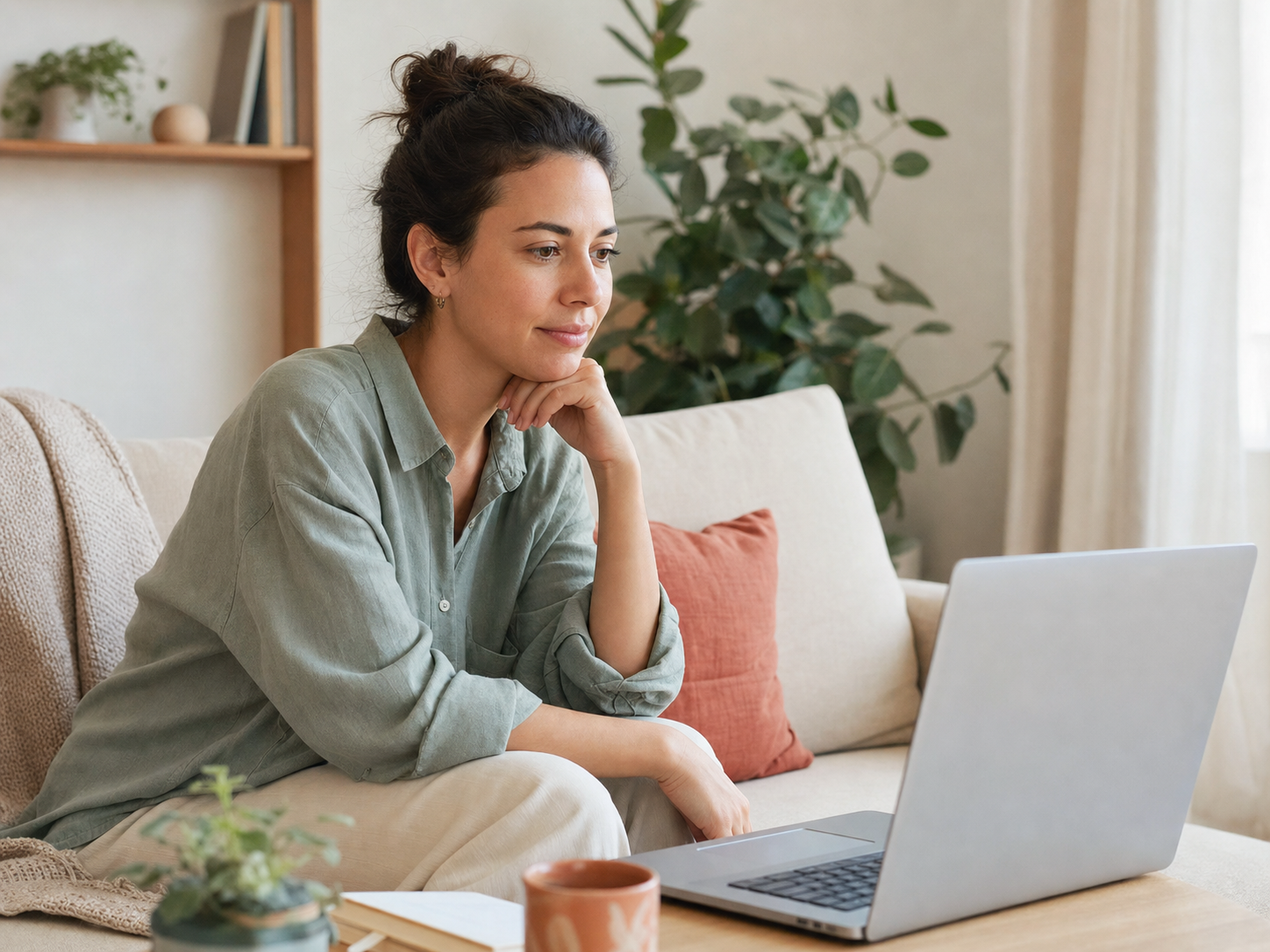 Mulher participando de uma sessão de psicoterapia online em um ambiente reservado
